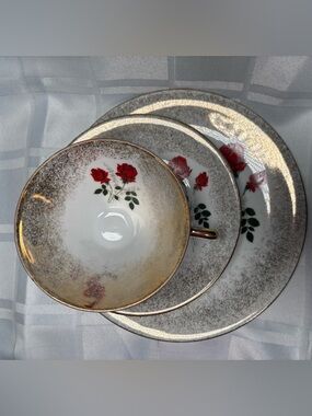 Vintage Bavaria, Gold Trim Rose Teacup Trio Set - White with Red Roses
